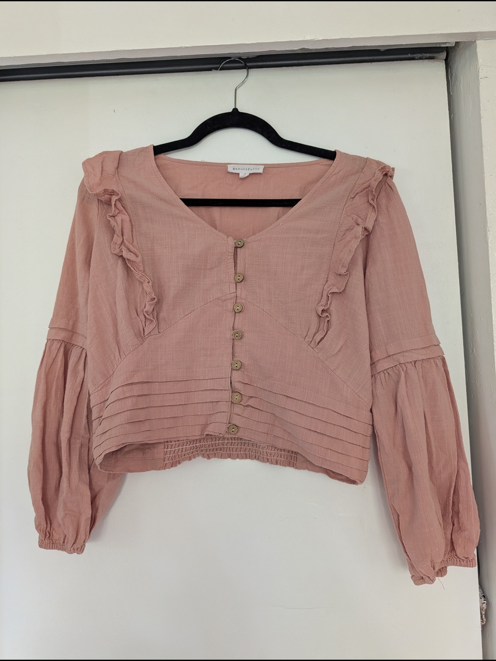 Women's Cropped Dusty Rose Ruffle Button-Front Blouse